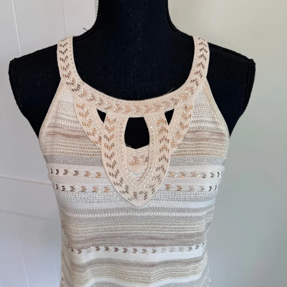 White House Black Market Metallic Striped Embellished Knit Tank Top Medium